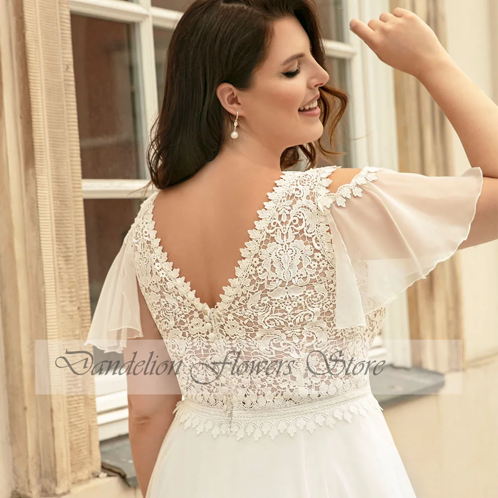 Classic Wedding Jurken Voor Vrouwen Plus Size V-hals Flare Mouwen Bride Lace Applique A-lijn Sweep Trein Vestido De Novia