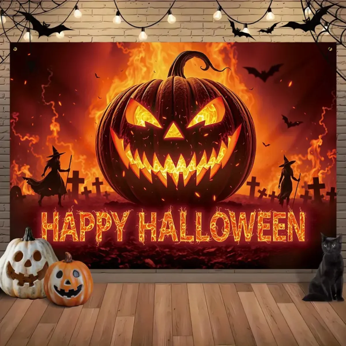 

Happy Halloween Party Decor Background Graveyard Pumpkin Lights Broom bat Halloween Eve Moon Horror Theme Photo Backdrop Props
