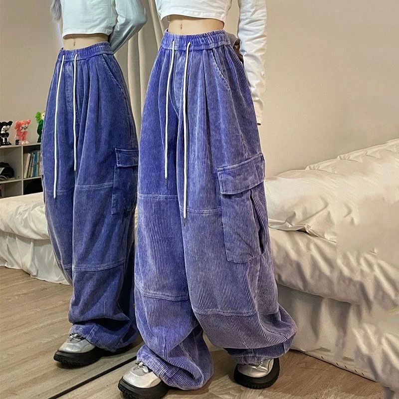 American Retro Purple Corduroy Overalls Fashion Pants Winter Loose Women Wide-Leg Thickened Washed Distressed Straight Trousers