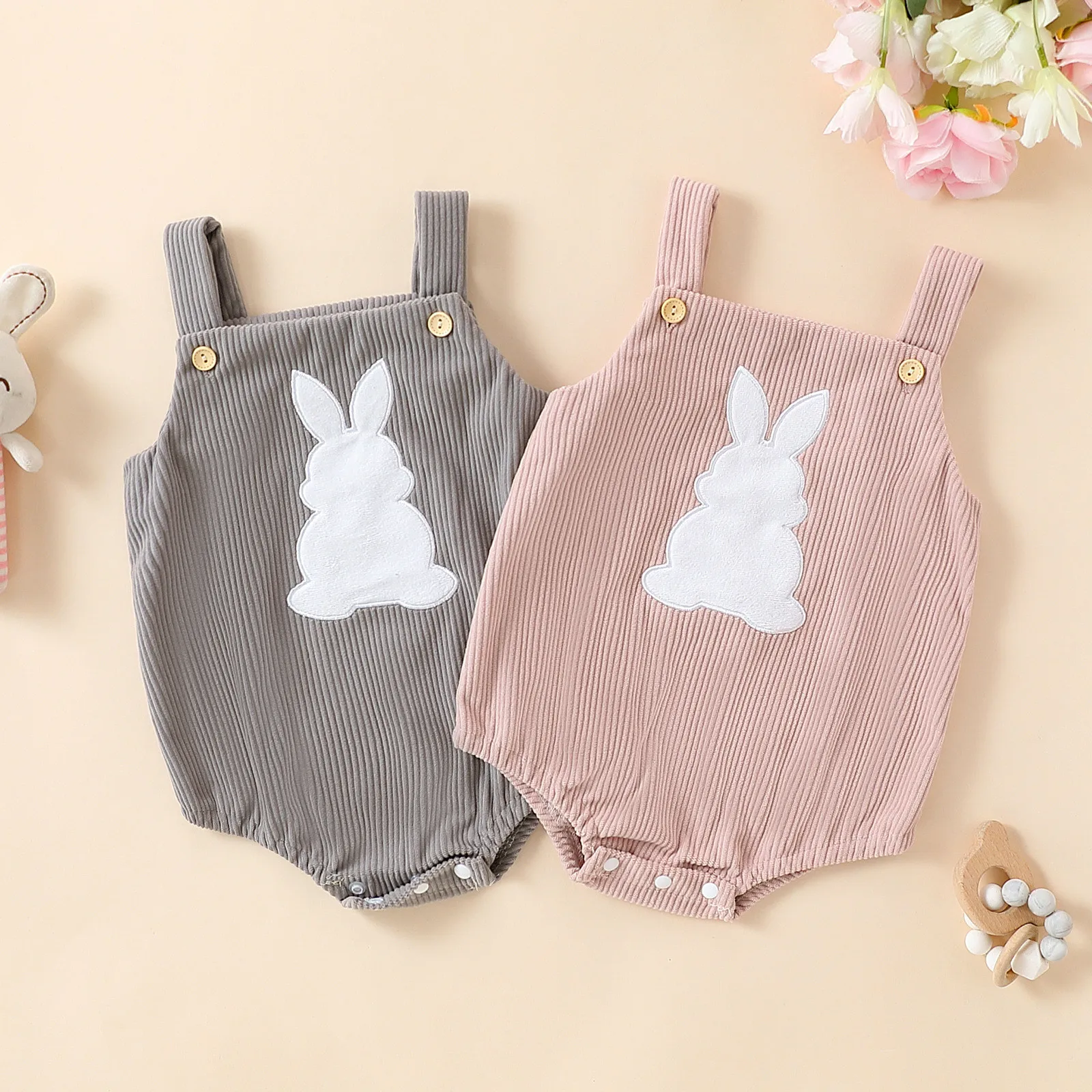 Newborn Baby Girls Boys Easter Corduroy Romper Square Neck Button Down Rabbit Patch Appliques Tank Top Jumpsuit Overalls 0-18M