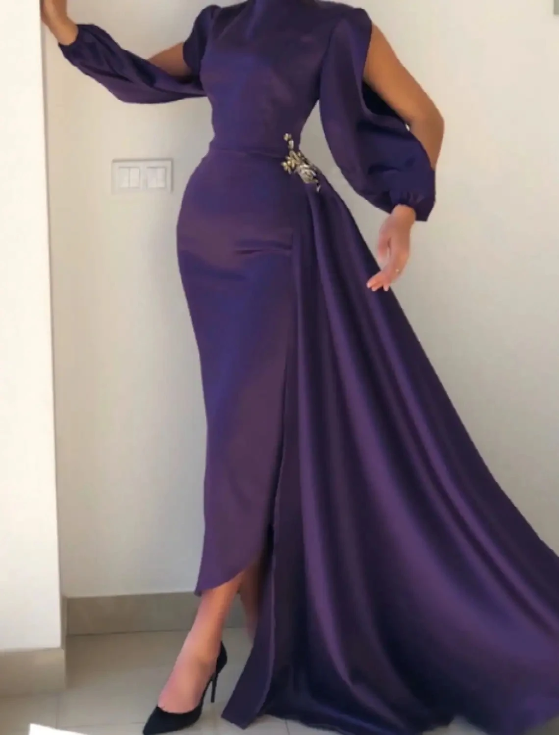 Sexy Grape Mermaid Women Prom Dress 2025 Sheath Jewel Neck Long Sleeve Satin Evening Formal Gowns Arabic Vestidos De Feast