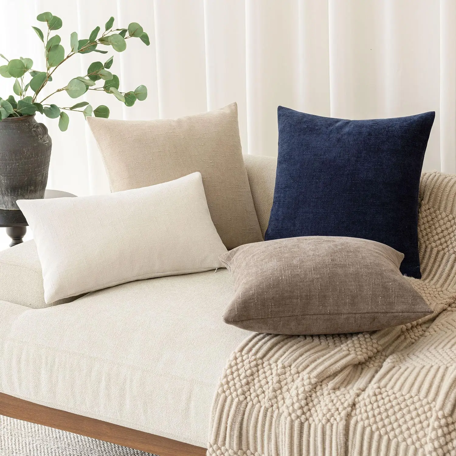 Pack of 2 Soft Textured Throw Pillow Covers Square Accent Solid Cushion Cover Cozy Farmhouse Pillow Case with Zipper for Couch