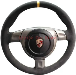 Black Suede Leather Auto Steering Wheel Cover Hand-Stitch On Wrap Fit For Porsche 911 997 987 2005-2012