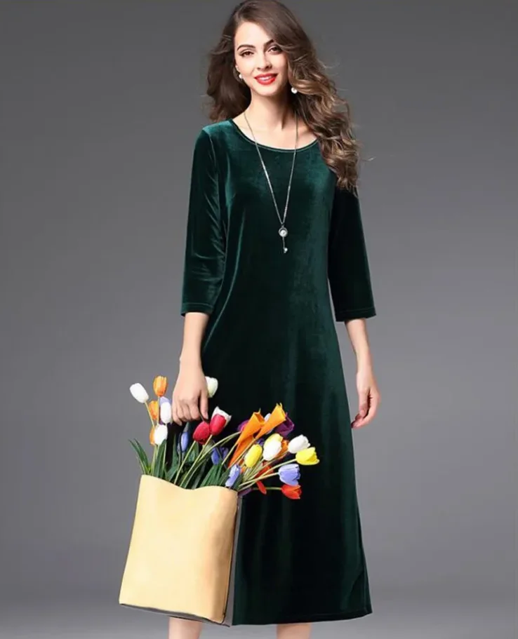 Hot sale Plus size women Spring and Autunm office long maxi velvet dress,2026 Elegant winter velour dress