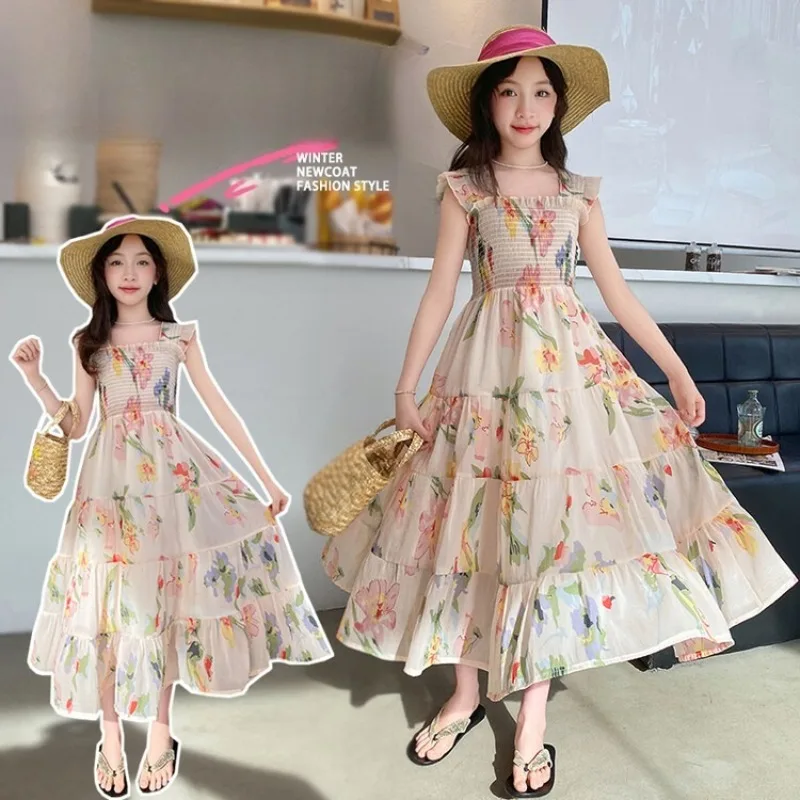 

Girls Summer Dress Children Elegant Princess Maxi Sundress with Halter Neck Sleeveless Flowy Beach Dress for Teen Korean Style