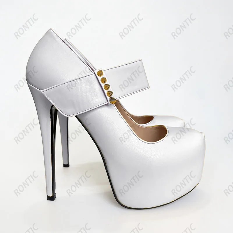 

Rontic новые женские туфли-лодочки на платформе, пикантные туфли на шпильке с заклепками и круглым носком, великолепные желто-белые модельные туфли, женские американские большие размеры 5-20