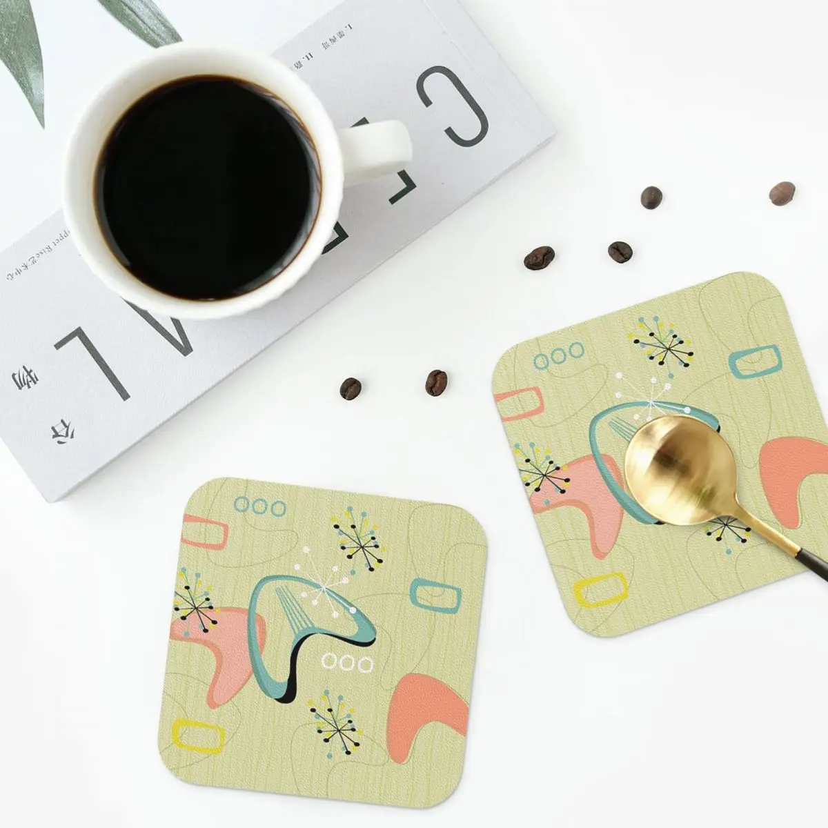 

Ретро Eames-Era Atomic Inspired Geometry Pattern Подставки Кухонные салфетки Изоляционные кофейные коврики для чашек для декоративных подушечек Набор из 4 шт.