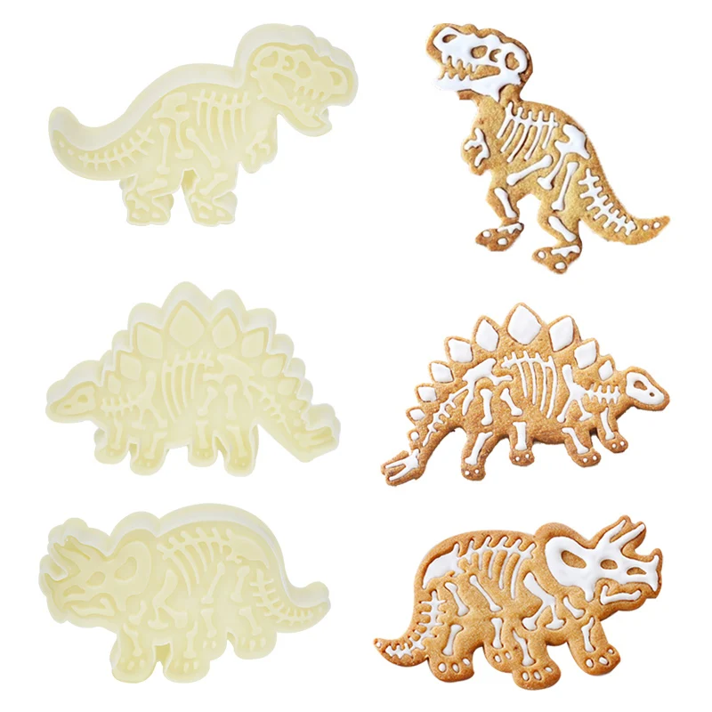 Cortador de galletas de dinosaurio 3D, molde de Fondant de postre en relieve, molde de plástico para hornear, accesorios para Pasteles de cumpleaños