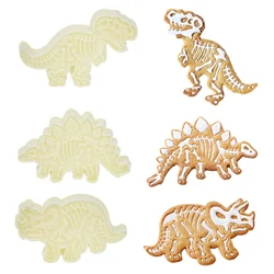 Cortador de galletas de dinosaurio 3D, molde de Fondant de postre en relieve, molde de plástico para hornear, accesorios para Pasteles de cumpleaños DIY, 3 piezas por juego