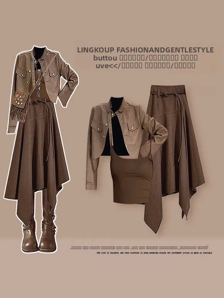 

plus Size Autumnal Mermaid Set Women's Anti-Aging Unique Jacket Strap Slimming Asymmetrical Skirt Three-Piece Set