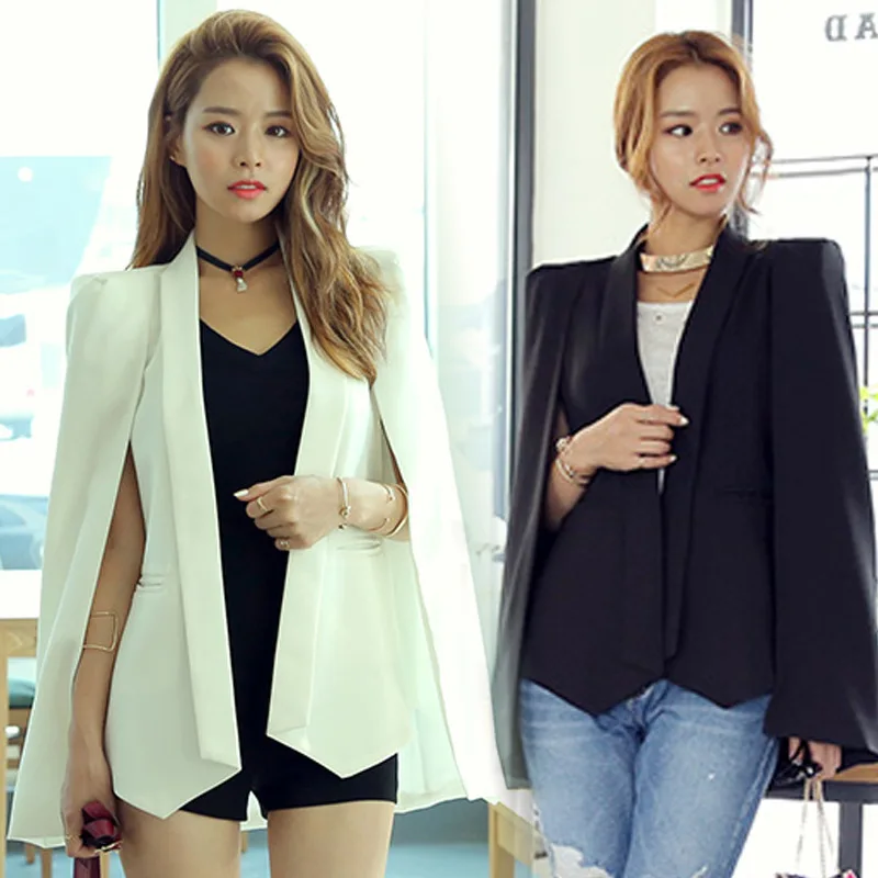 2024 New Autumn Korean Solid Cloak Blazer Shawl Cape Women Lapel Split Sleeve Casual Suit Jacket Cardigan Coat Black White