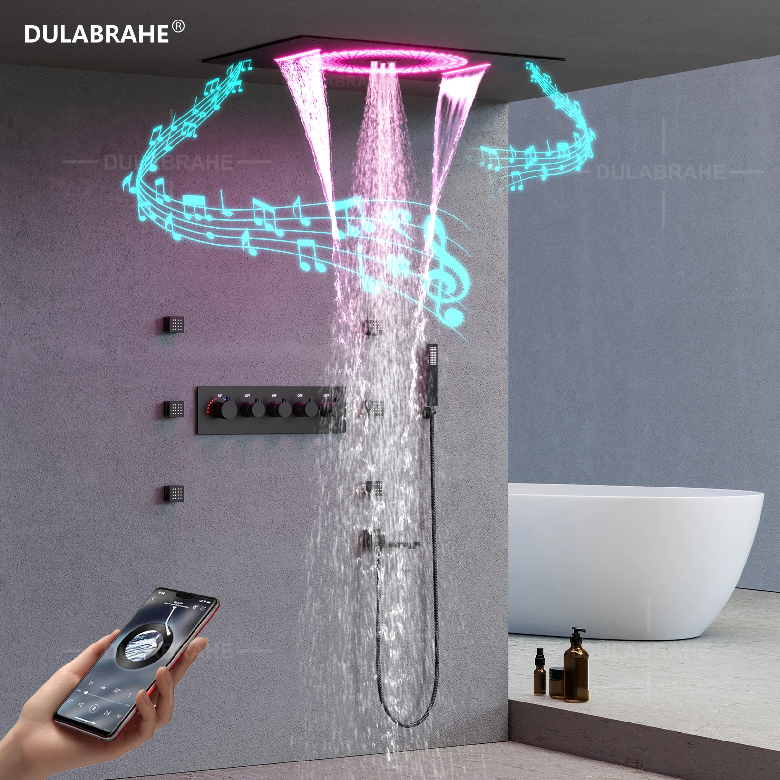 DULABRAHE 2024 NEW Luxurious 4 Function Matte Black Shower Faucet 600*400mm LED Thermostatic Shower Set With Music