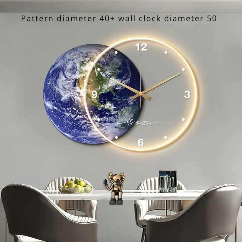 Klok Luxe Eetkamer Woonkamer Grote Muurkamer Maan De Aarde Modellering LED-licht Stille beweging Slaapkamerklok Wanddecoratie