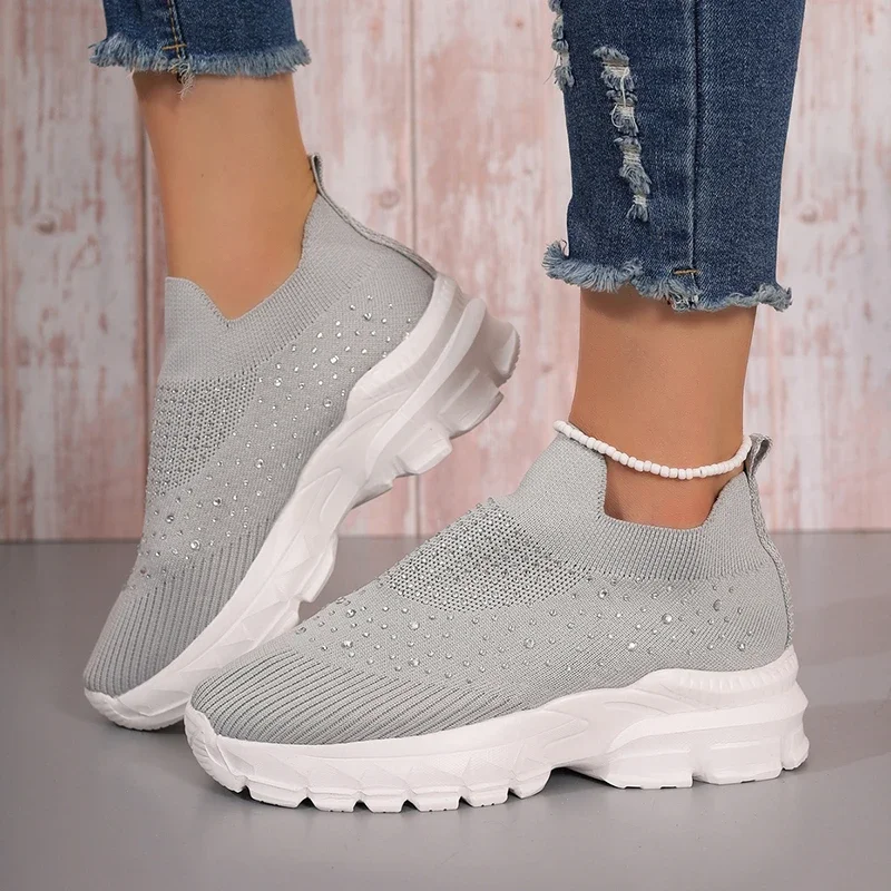 Shiny Crystal Knitted Breathable Sneakers Women 2023 Autumn Platform Running Sport Shoes Woman Plus Size 43 Slip On Casual Shoes