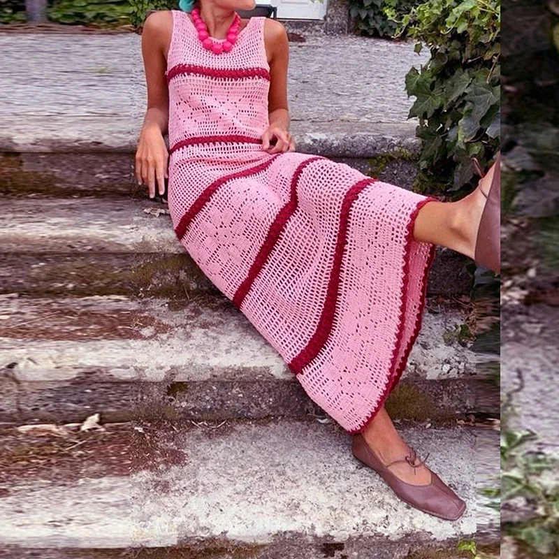 Casual Stripe O-neck Knit Elastic Bodycon Dress Sexy Beach Vacation Crochet Women Dresses New Slim Vestidos Patchwork Long Dress