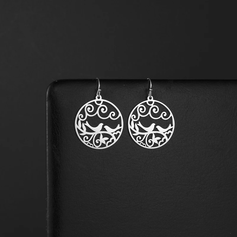 JDZQJ Birds Filigree Round Dangle Earrings for Women Hollow Stainless Steel Gold Color Earring Romantic Birthday Jewelry Gifts