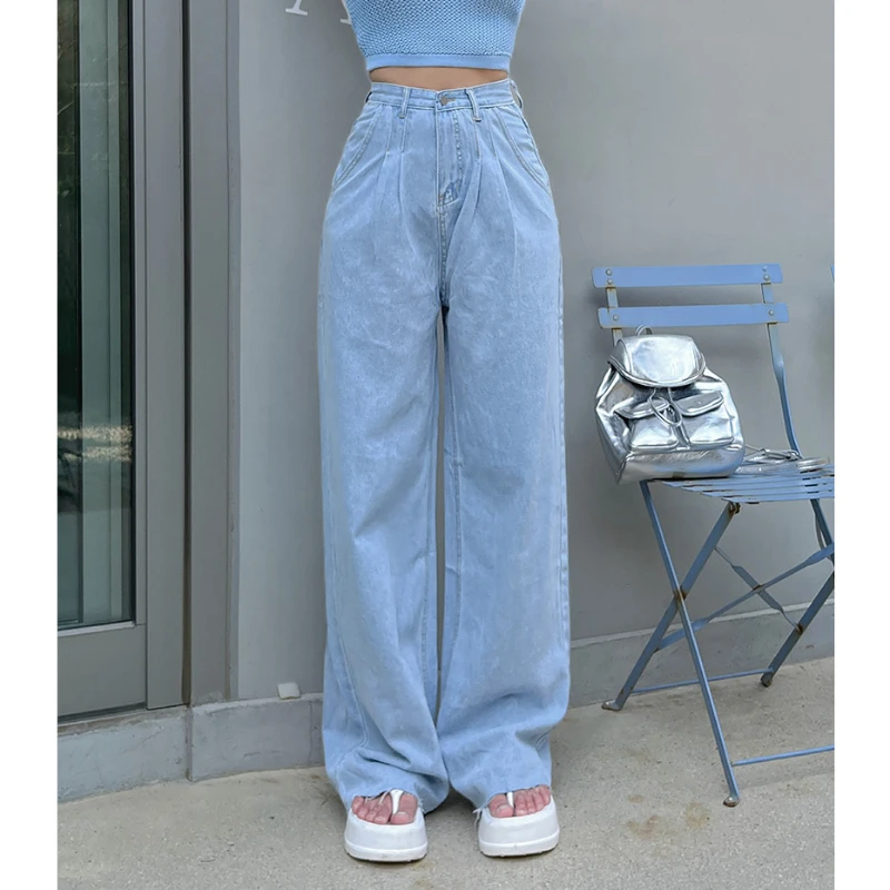 Korean Light Blue Baggy Jeans Women High Waisted Streetwear Chic Fashion Wide Leg Pants Denim Female Quilted Fashion Jeans Mom