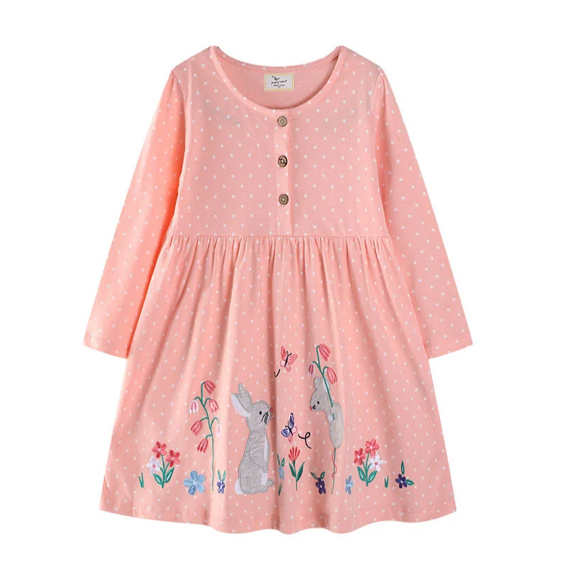 

Jumping Meters 2-7T Autumn Children's School Dresses Animals Embroidery Long Sleeve Autumn Kids Buttons Dress