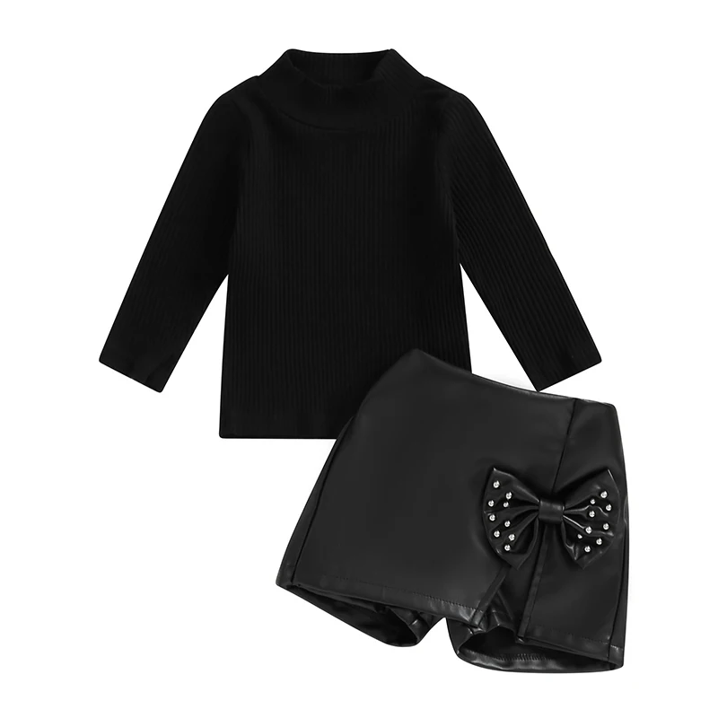 

Toddler Baby Girl Fall Outfits Mock Neck Long Sleeve Shirt Tops PU Leather Mini Skirt Set 2Piece Winter Clothes