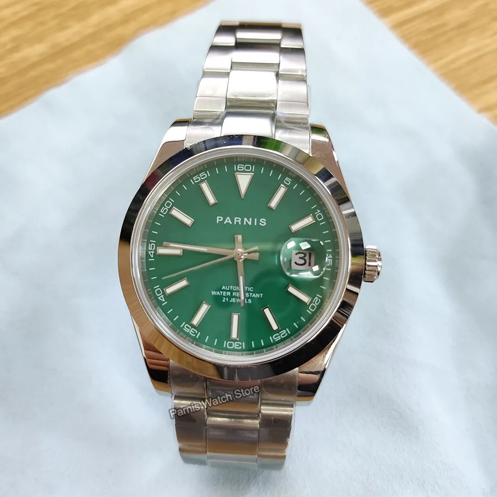 Parnis 39.5mm Green Dial Miyota 8215 Automatic Men Wristwatch Smooth Bezel Luminous Marker