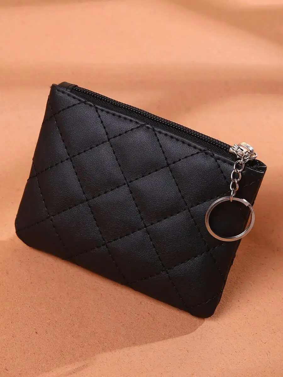 Quilted Mini Wallet Zipper Keychain for Women