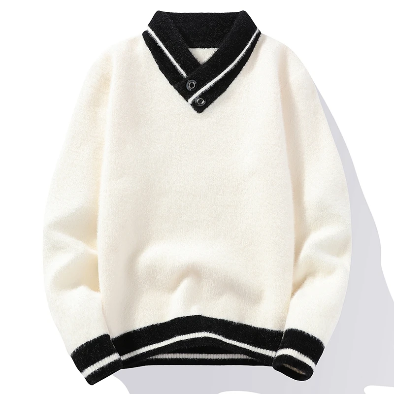 

Thiened Fce Men's Knitwear Warm Base Layer irt Autumn Winter V-ne Long Sve Loose Fit Casual Sle Pure Color Sweater