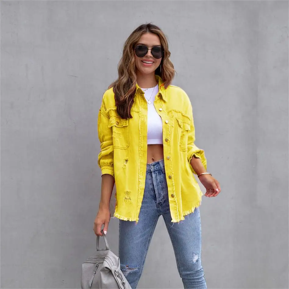 Denim Pink Ripped Jackets Women Tops Shirts Pocket Cargo Oversize Top Coats 2023 Winter Fall Women Fashion Clothes Jean Blouses