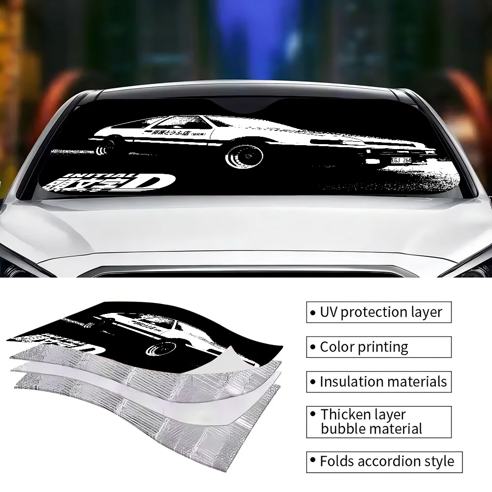Initial D ม่านบังแดดรถยนต์ครีมกันแดดด้านหน้าฉนวนกันความร้อนระบายความร้อนอลูมิเนียมรถฤดูร้อนพร้อมฝาครอบกระจกการ์ตูน