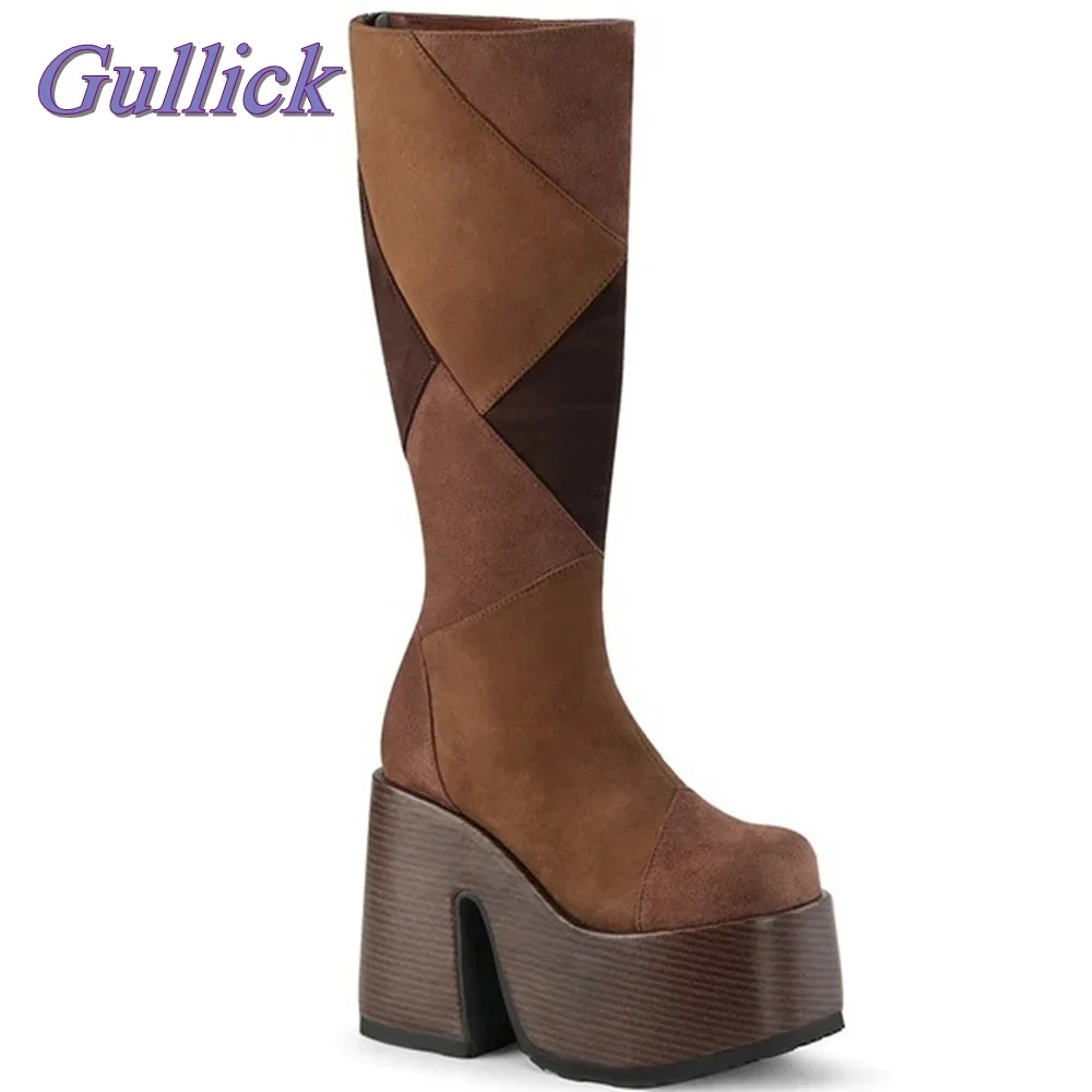 

Новинка, коричневые ботинки в стиле пэчворк, на платформе, с круглым носком, до колена, на массивном каблуке, модная женская классическая обувь, Осень-зима 2024