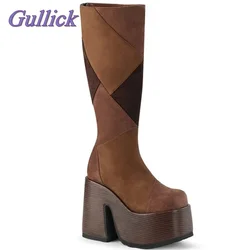 New Brown Patchwork Boots Platform Round Toe Knee-High Long Chunky Heel High Heel Fashion Women Dress Shoes 2024 Autumn Winter