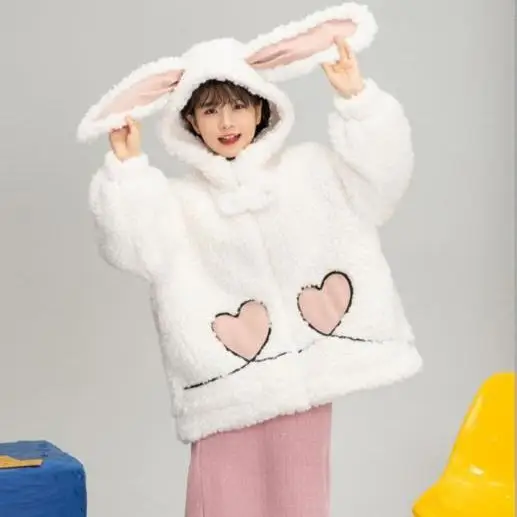 

Small sweet wind rabbit lamb hooded jacket cotton-padded clothes female students fine hair thickening jacket winter ropa mujer