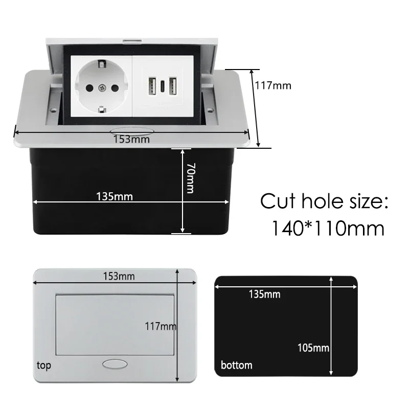 Table Outlet EU Socket With Double USB&Type C Socket In the Counter Pop Up Socket Desktop Socket Aluminum Cover Concealed Socket