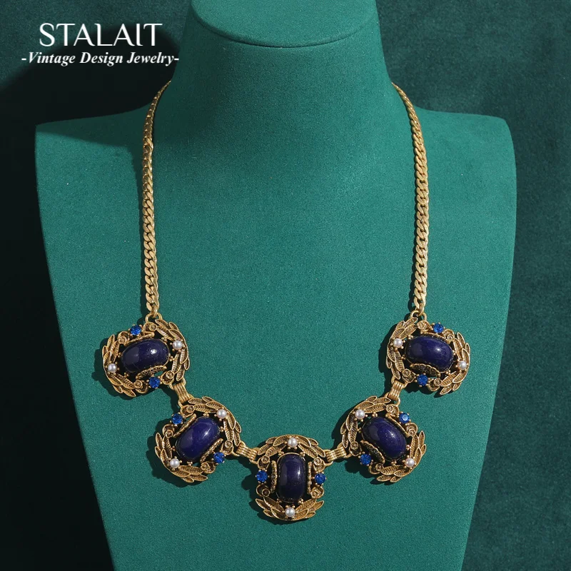 

Vintage Choker Necklaces Gothic Five Blue Square Natural Stone Gold Color Carving Flower Antique Jewelry Accessories Women 2025