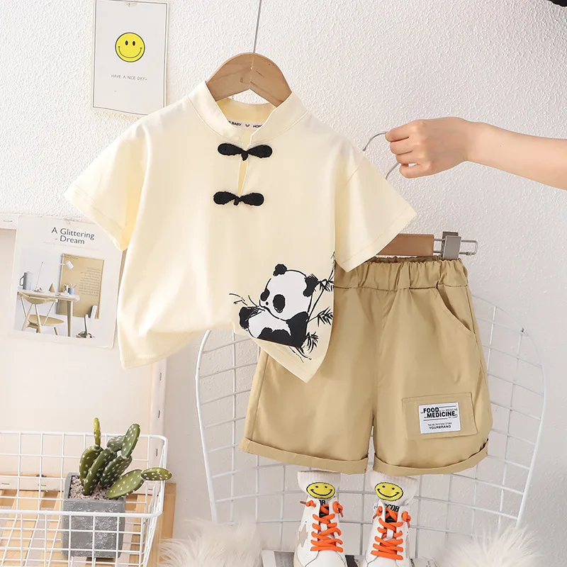 Boys Sets Summer Children Clothing Boys Chinese style Tang costumes Panda Print Cotton T-Shirt Shorts 2pcs Kids Casual Outfits