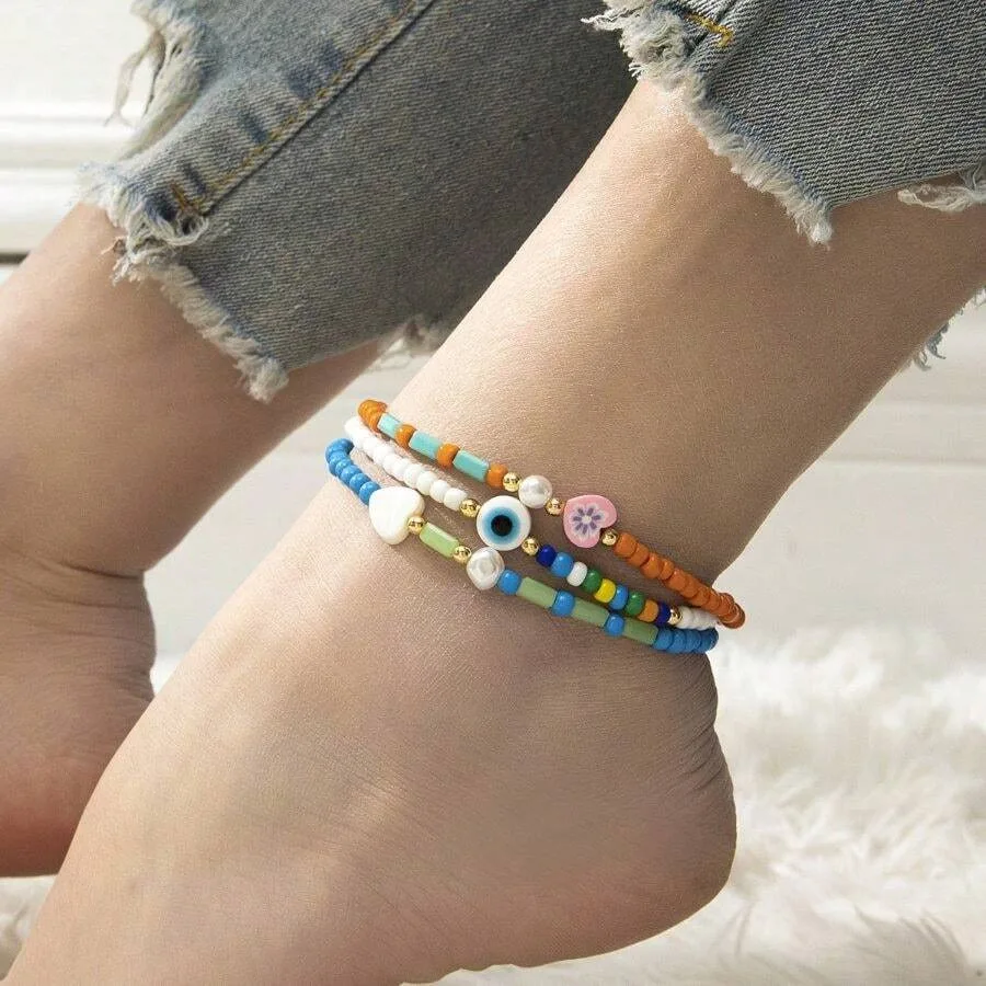 

European And American Summer Style Devil's Eye Love Pendant Anklet Holiday Beach Handmade Beaded Foot Ornaments