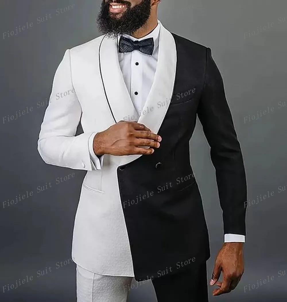 

White And Black Male Formal Occasion Tuxedos Men Business Suit Groom Groomsman Wedding Party Prom 2 Piece Set Jacket Pants