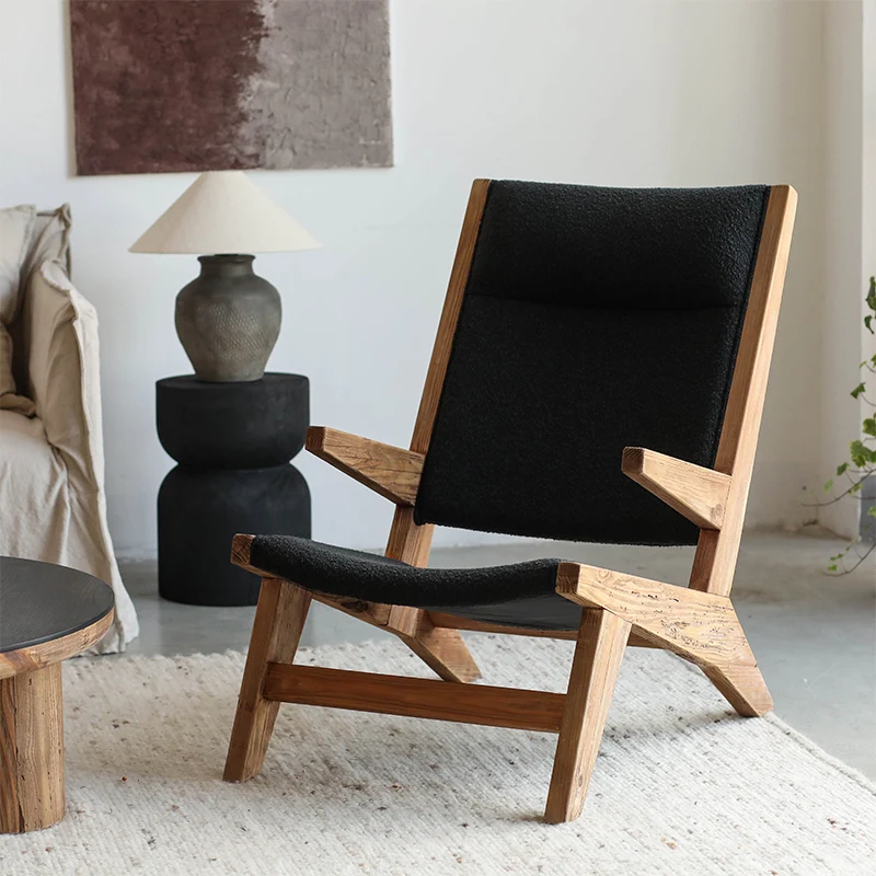 Black wabi-sabi style, old pine, plush soft upholstery, living room, nap lounge chair, solid wood, retro balcony, lazy