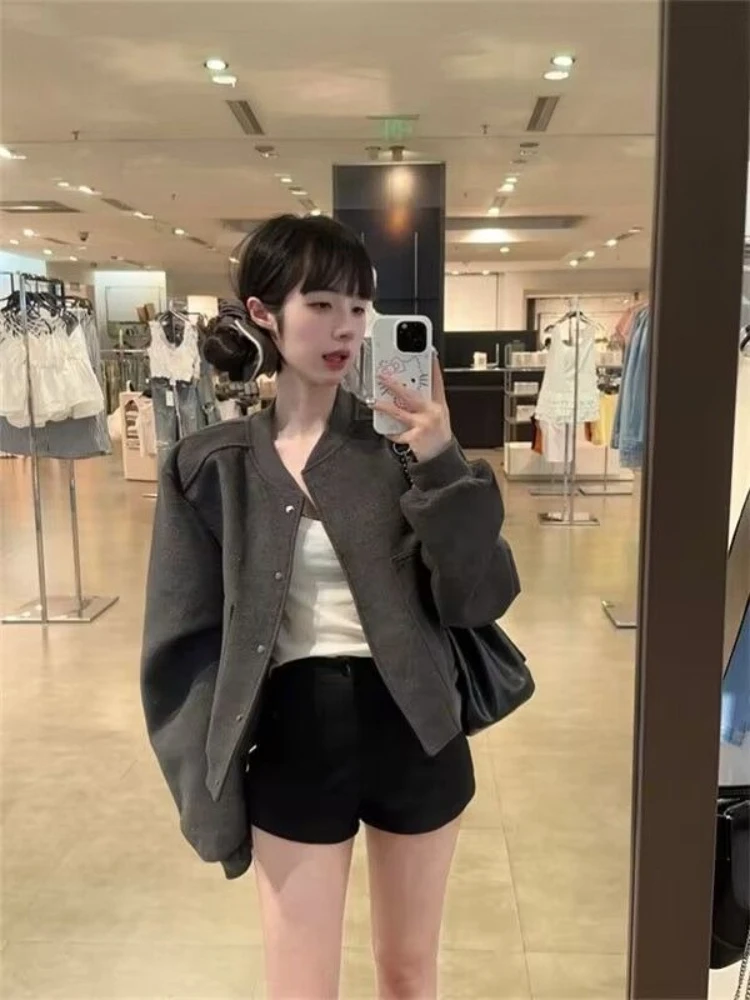 Men's Vintage Gray Baseball Loose Cropped Casual Spring Fall Streetwear Bomber Coat