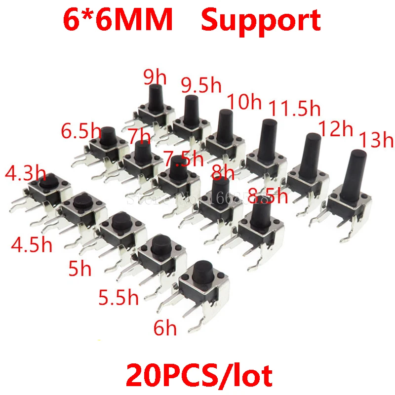 20PCS/Lot 6x6mm Panel PCB Momentary Tactile Tact Mini Switch 6*6*4.3/5/6/7/89/10/12mm Right Angle With stent 6x6x4.3mm 5mm 6mm