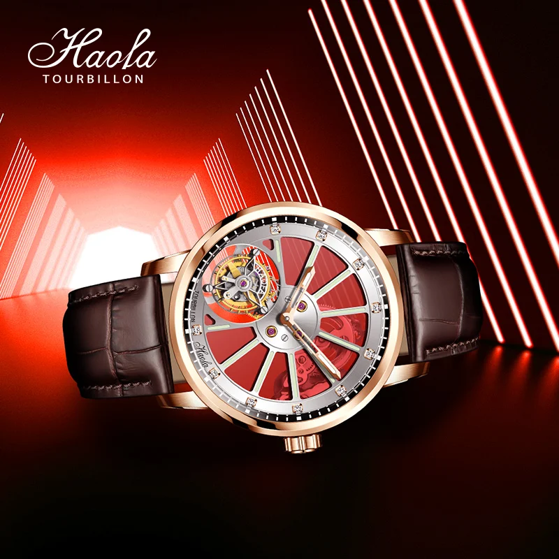 Haofa Colorful Dial Double Skeleton Tourbillon Watch for Men Manual Movement Mechanical Sapphire Wristwatch Casual Fashion 1925A