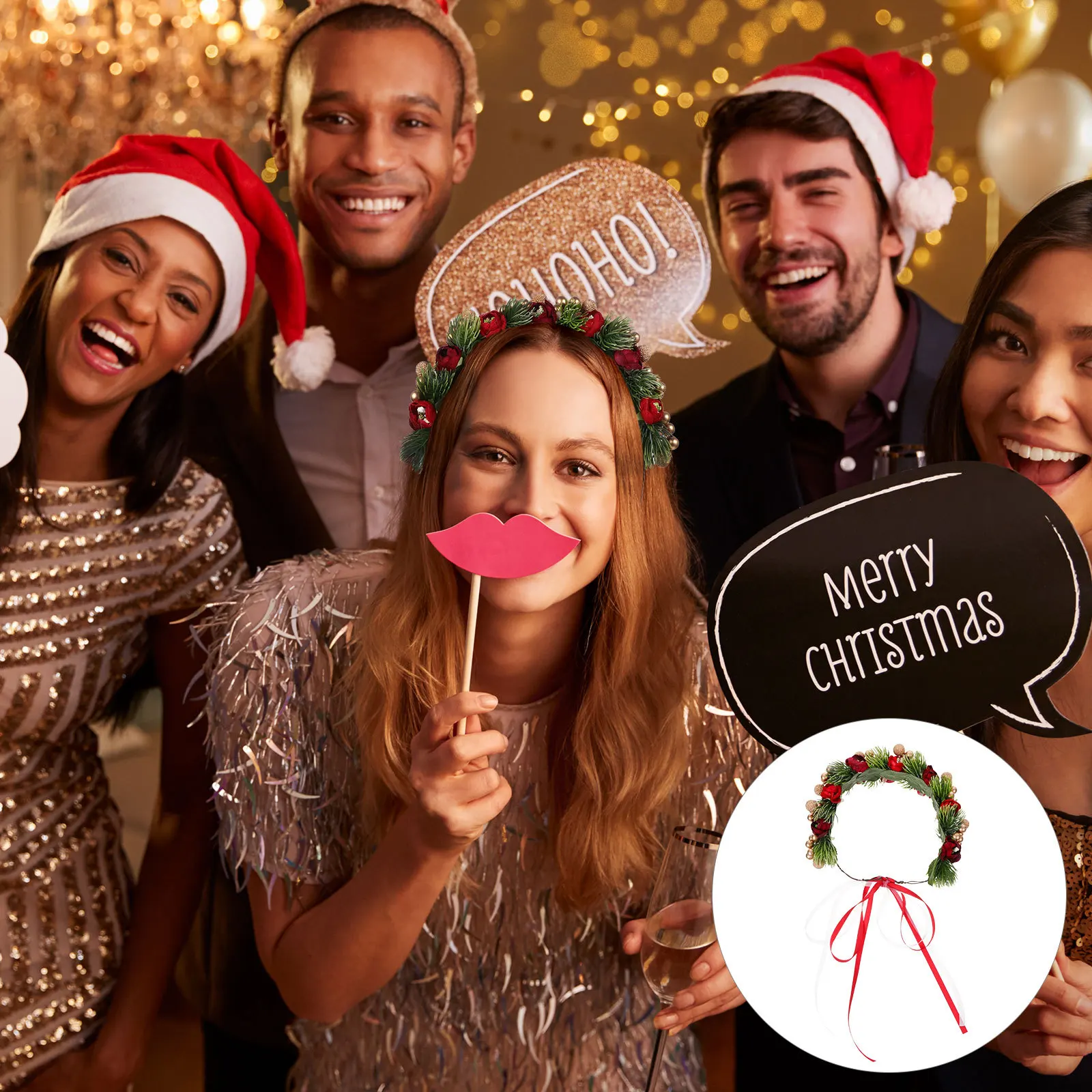 

Christmas Headband Garland Headdress For Women Pine Cone Wreath Hair Hoop Bell Xmas Flower Simulated Party Costume