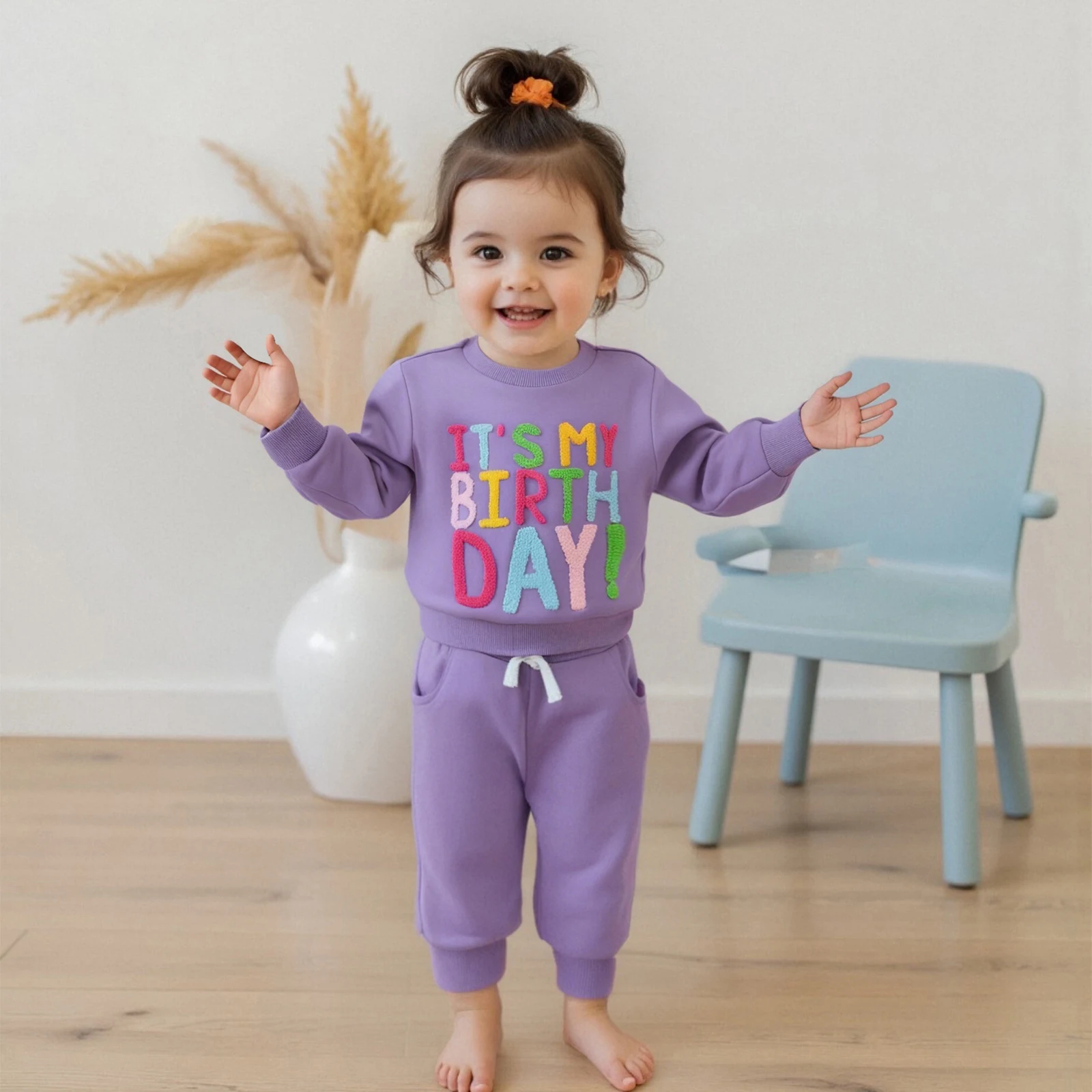 Toddler Clothes Baby Girls Birthday 2pcs Outfits Letter Embroidery Long Sleeve Sweatshirt Pants Set