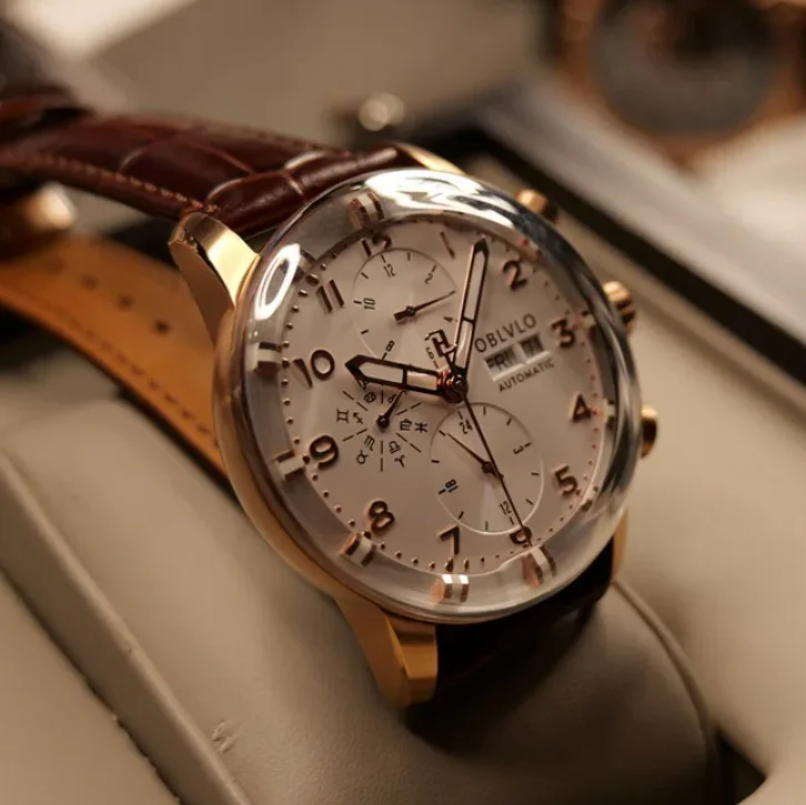 OBLVLO Herren-Automatikuhr, 42 mm, mechanische Armbanduhr, 5 ATM wasserdicht, Blasenspiegel, leuchtendes Multi-Zifferblatt, Monat, Woche, Datum, 24 Stunden