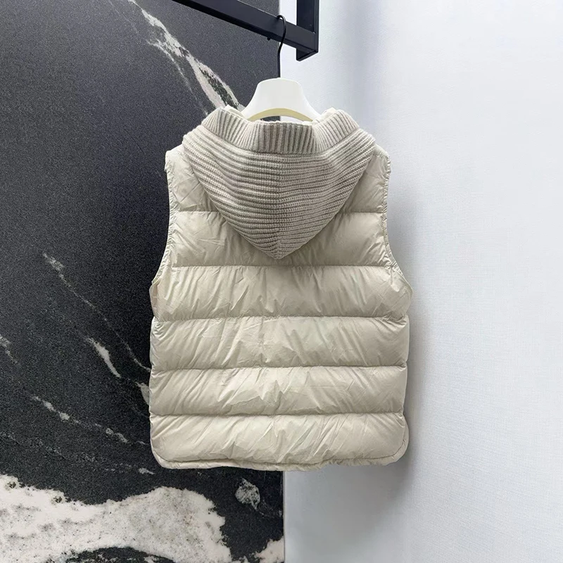 Ladies' wool patchwork hooded down vest, fashionable and versatile sleeveless jacket, high-quality warm top, autumn and winter,