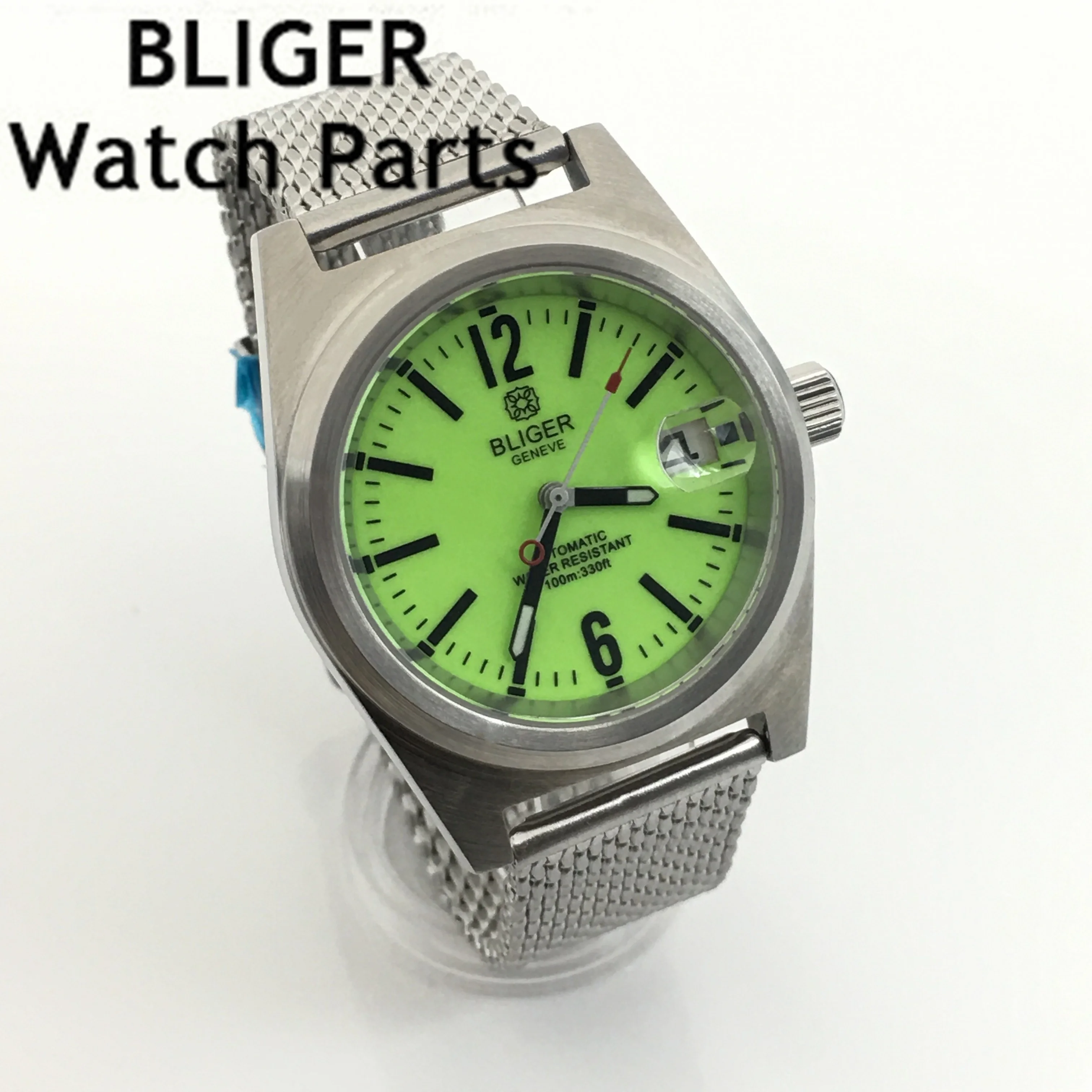 BLIGER 38mm New Mechanical Men Watch NH35 Date Solid Case Mental Bracelet Sapphire Glass Black White Dial