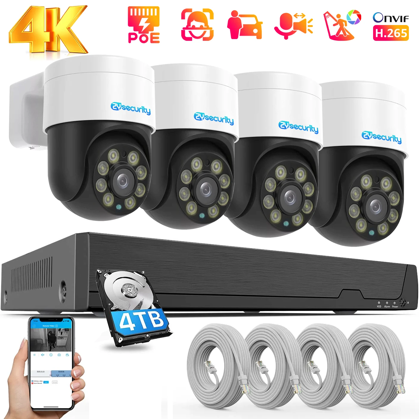 

4K 5MP 8MP PTZ Security POE IP Camera System Outdoor AI Human Detection Two Way Audio Video Surveillance Kit PoE NVR Set XMEye