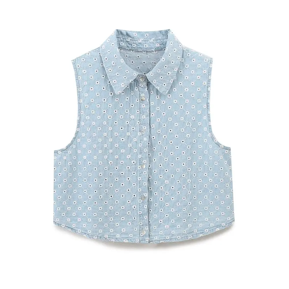 Maxdutti Summer Sleeveless Denim Shirt Short Top Retro Hollowed Out Embroidered Cotton Shirt Blouse WomenTank Tops