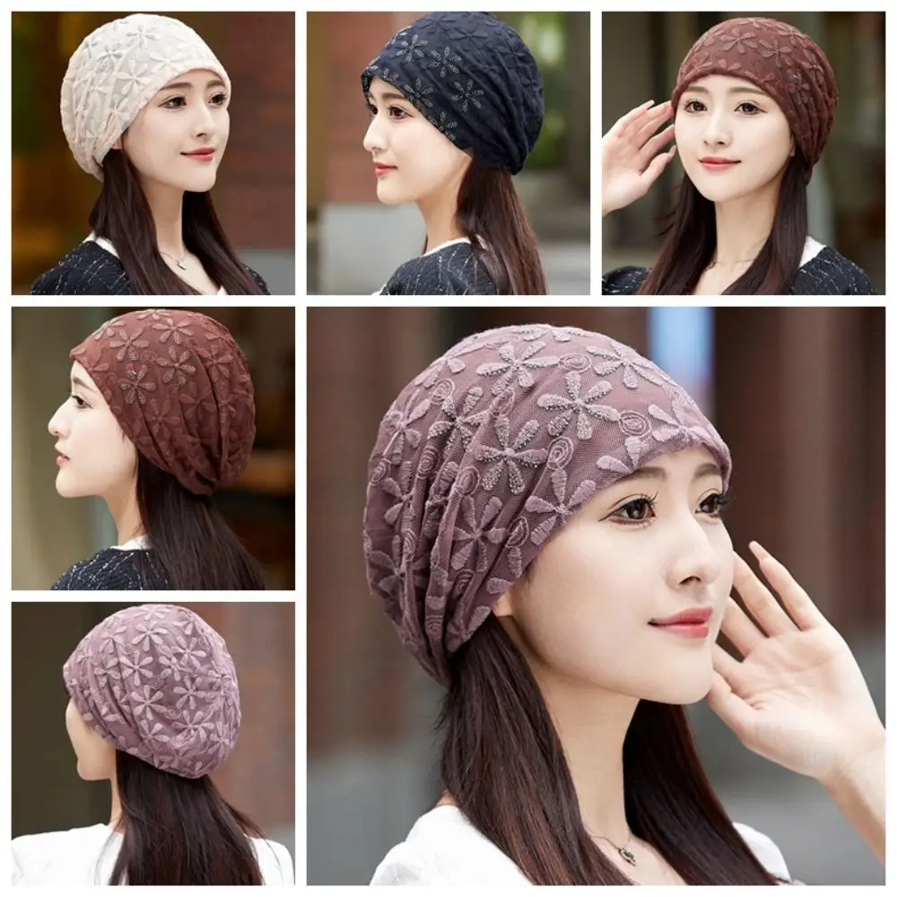 Lace Flower Beanies Cap Hollow Out Elegant Thin Crochet Slouchy Hat Headscarf Wrap Breathable Turban Beanies Caps Outdoor Hats