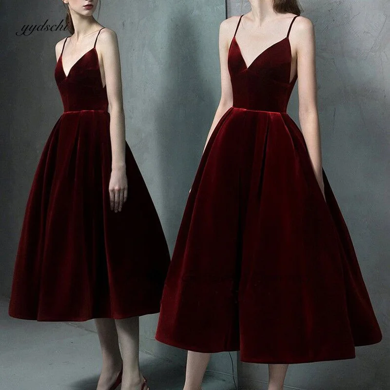 Wine Red Short Prom Dresses Slim Fit Suspender Short Sleeve Suede Sexy V-Neck A-Line Birthday Elegant Evening Party Gown 2022