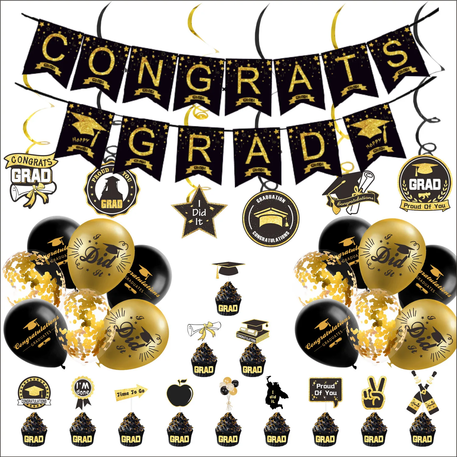 Graduation Season Theme Party Decor Congrats Grad Banner Balloon Spiral Hanger Garland Cake Toppers for Graduation Celebration